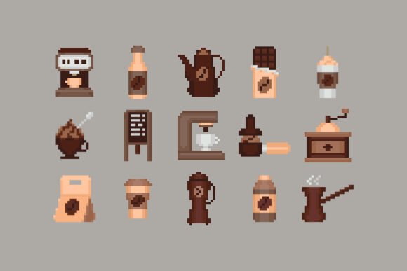 Pixel Coffee Set: Retro Icons & Graphics for Local Branding