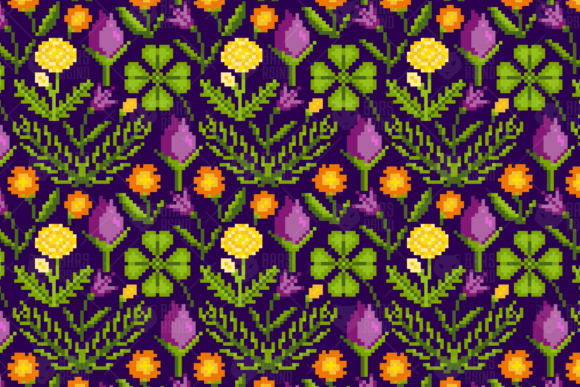 Pixel Flowers Seamless Pattern